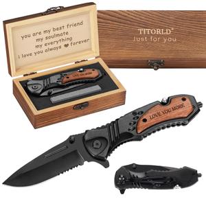 Gifts for Men Dad Him Fathers Day, Anniversary Birthday Gifts ideas for Boyfriend Husband, Engraved Pocket Knife, Wooden Handle Folding Knife with Wood Box, Unique Outdoor Camping Hunting Fishing Tool