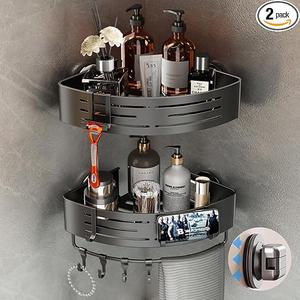 Voldra Corner Shower Caddy Suction Cup, 2 Pack Corner Shower Shelves No Drilling, Aluminum Upgrade Suction Cup Shower Organizer with Towel Bar & Hooks Removable Bathroom Storage Rack (Gray)