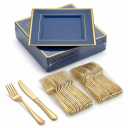 a set of disposable plates and forks