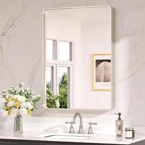 Keonjinn Brushed Nickel Mirror 24 x 32 Inch Silver Bathroom Mirror for Over Sink, Rounded Rectangle Farmhouse Vanity Mirror, HD Tempered Glass Wall Mirror, Aluminum Alloy Frame (Horizontal/Vertical) (32"L x 24"W)
