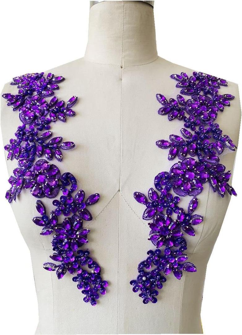 Handmade red/White//Green/Blue Rhinestones Applique Sewing Beads Stones Trim lace Patches Accessory for Dress Clothes one Pair (Purple)