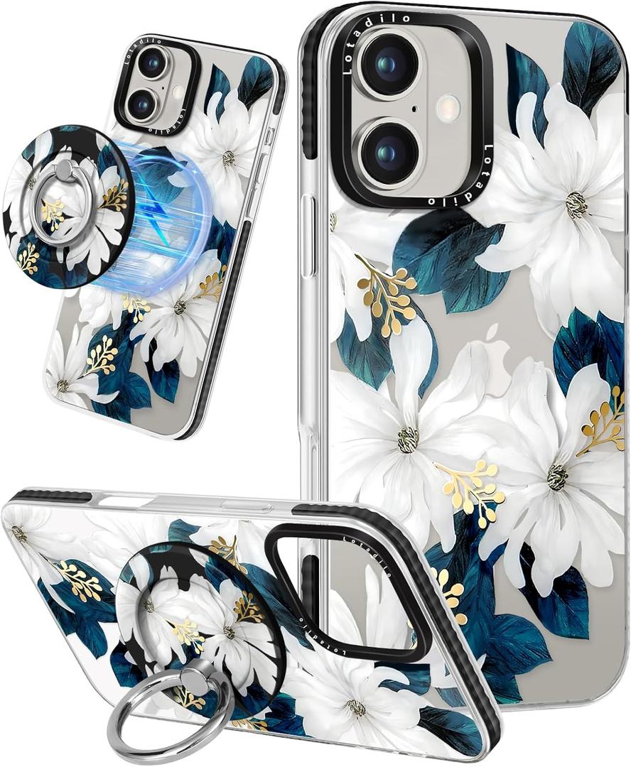 Case for iPhone 16 Case Compatible with Magsafe Ring Holder Stand - for Women Blue Flower Design TPU Phone Cover for Girls Girly Funny Fashion