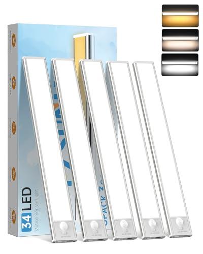 PZSUNLY 5 Pack Under Cabinet Lighting,Rechargeable Motion Sensor Light Indoor,3 Colors Dimmable,Magnetic Closet Lights,Under Counter Lights for Kitchen