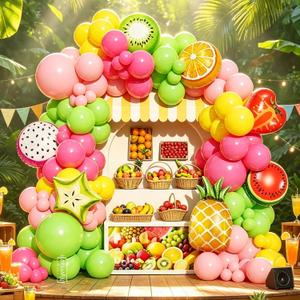 2 x Pink and Yellow Balloon Arch Kit for Fruit Theme Birthday Party, 5 inch; 10 inch; 18 inch