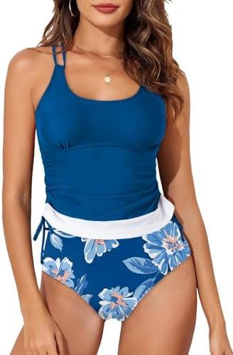Aleumdr Womens Tankini Swimsuits Athletic Two Piece Tummy Control Bathing Suits Modest Tank Tops with Print Bottoms, S