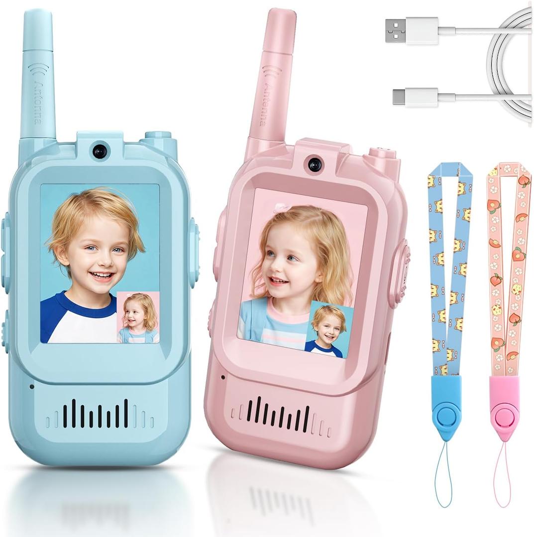 Video Walkie Talkies for Kids, Handheld 2 Pack Rechargeable Video Intercom Kids Walkies Talkies, Indoor Outdoor Toys for Family Games, Outside, Camping, Hiking for Boys Girls Ages 3-12 (Blue/Pink)
