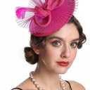 SAFERIN Fascinator for Women Hair Clip Hat Bowler Feather Flower Veil Wedding Party Tea Hat (Pink)
