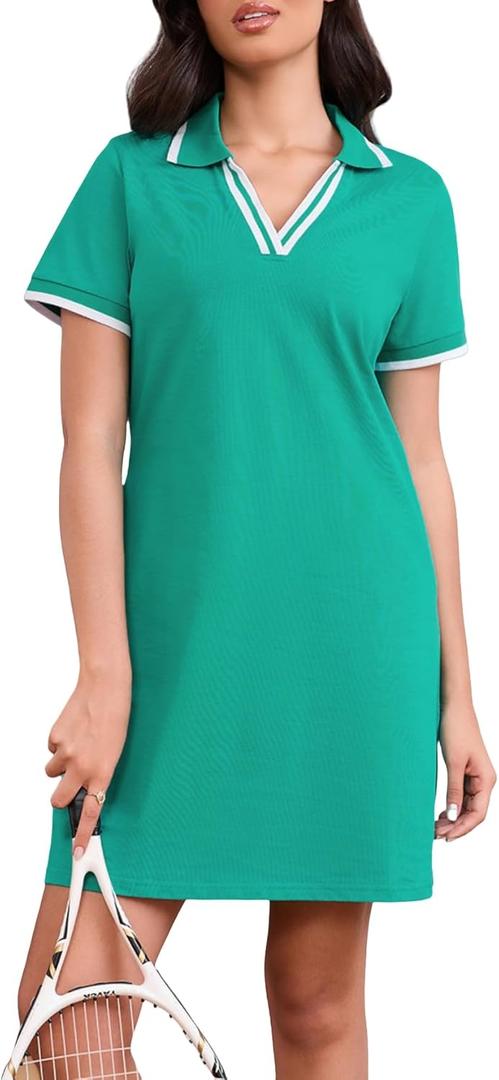 Women's Polo Dress Short Sleeve Lapel V Neck Collar Tennis Golf Mini Dress Casual Summer Workout Wear with Pockets (Medium, Green Teal)