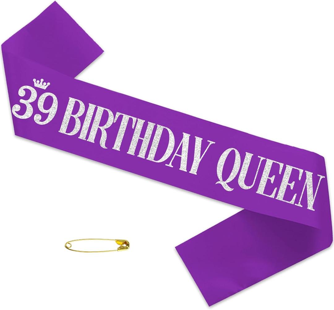 8 x 39 Birthday Queen Sash for Women Purple Satin with Silver Foil Letter Happy Birthday Fabulous Party Favors Decorations Supplies Purple Silver