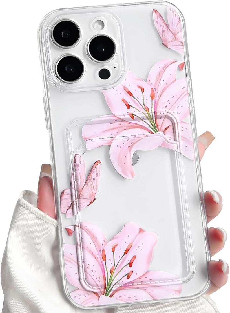 NITITOP Compatible with iPhone 12 Pro Case with Card Holder Clear Cute Floral Lily Flowers Butterfly for Women Girls Soft TPU Shockproof Wallet Case Protective Phone Cover - Pink