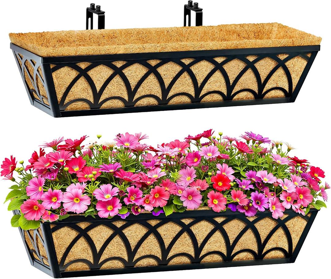 24 Inch Railing Planter Box Window Boxes Planters - 2 Pack Deck Railing Planter Boxes with Adjustable Brackets Coco Liners Balcony Planters Railing Hanging for Window Flower Boxes Outdoor Garden Decor