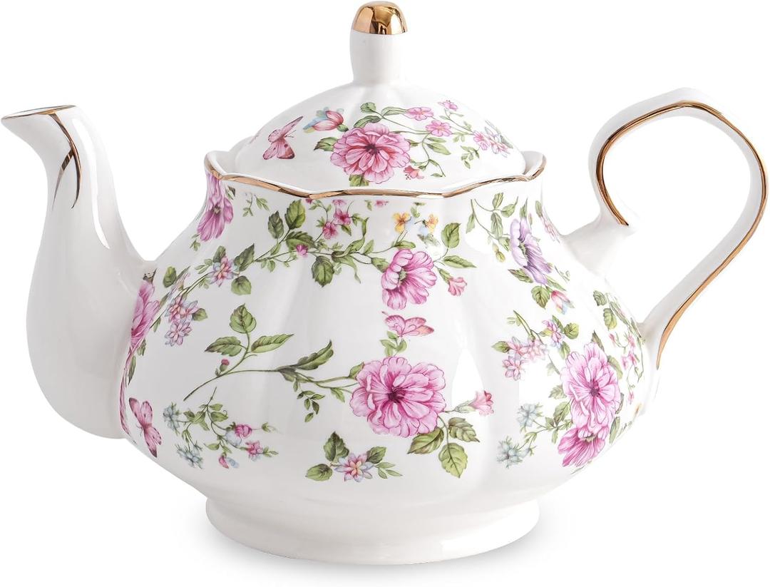 Flower Ceramic Teapot,22oz Porcelain Tea pot for Tea Coffee Milk for Office Home Men Women as Gift (White and big flowers)