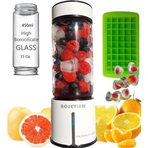 Portable Smoothie Blender ROSEVIEW Glass Cordless Mini Shakes Cup blend for smoothies USB rechargeable juicer 2 battery Handheld Personal travel Jet mixer