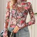 Ugerlov Womens Lace Long Sleeve Mesh Top Floral Mock Neck See Through Going Out Top with Thumb Hole Party Outfits Shirts (S)