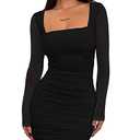 BORIFLORS Women's Sexy Ruched Bodycon Mini Dress Mesh Long Sleeve Club Party Short Dresses, X-Large, Black, Was used, Smell