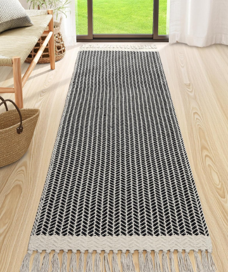 Lahome Boho Kitchen Runner, 2'6''x8 Runners for Hallways Lightweight Bath Mat Woven Washable Runner Rug with Tassels, Farmhouse Non Shedding Black Rug for Bedroom Living Room 