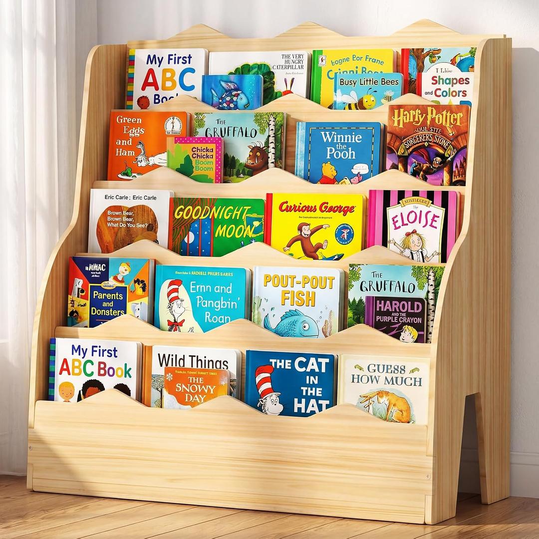 5-Tier Kids Bookshelf Montessori Wooden Bookcase Front-Facing Organizer