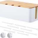 Cable Management Box, Cord Cable Organizer Box with Bamboo Lid, Under Desk Cable Management with 10 Cable Ties and 2 Cable Clip Holders for TV Router Computer USB Hub White