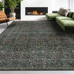 8x12 Area Rug for Living Room - Large Washable Rugs for Bedroom, Dining Room Under Table, Ultra Soft Low Pile Non-Slip Stain Resistant Carpet - Dark Green Vintage Floral Décor