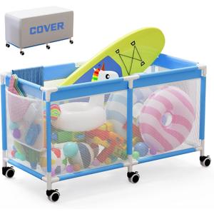 249 Gallon Large Pool Storage Bin with Cover, Heavy Duty Swimming Equipments, Mesh Rolling Pool Float Holder, Pool Storage Organizer for Noodles, Toys, Floats & Balls (Nature)