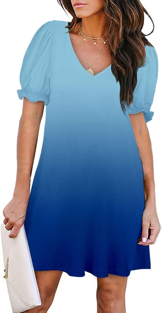 Aloodor Women's Casual Dresses Short Sleeve V-Neck Dress with Pockets, Blue, XL