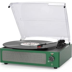 Vinyl Record Player with Speakers & Wireless Receiver Turntable for Vinyl Records 3 Speed 3 Size LP Player Portable Turn Table Vinyl Records Players Headphone AUX RCA Auto Stop New Sleek Dark Green