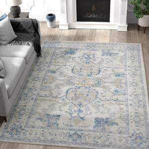 jinchan 5x7 Area Rugs Machine Washable Vintage Floral Throw Rug for Living Room Soft Ultra-Thin Low Pile Non-Slip Carpet for Kitchen,Bedroom,Dining Room,Nursery (5x7ft,Blue)