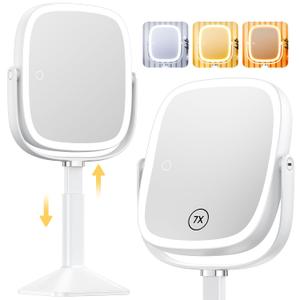 Gospire Rectangle Lighted Makeup Mirror with Lights and 1X/7X Magnifying Mirror, Height Adjustable and 4000mAh Rechargeable for Bedroom, 8.5x7.4 Large Surface, Stepless Dimming - White