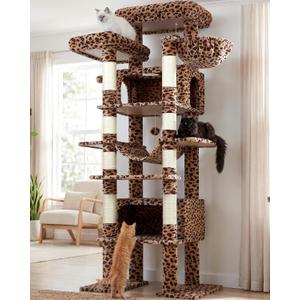 Globlazer XXL Giant Cat Tree, 83 Inch Heavy Duty Tall Cat Tower for Indoor Cats Large Adult, Multi-Level Large Cat Condo with 8 Scratching Posts, Hammock, 2 Cat Caves, 2 Platform, F83B, Leopard Print