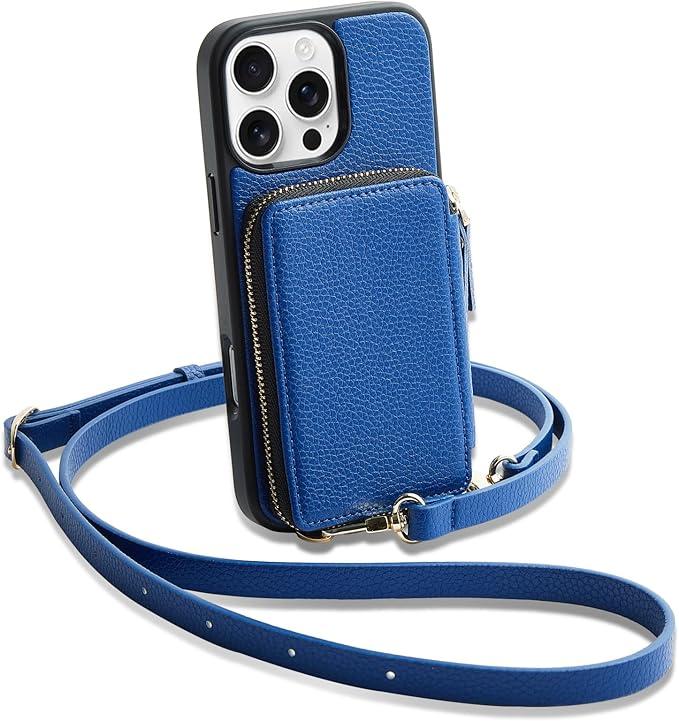 iPhone 16 Pro Case Wallet, Card Holder Leather Phone Protective Handbag Flip Cover with Crossbody Strap for iPhone 16 Pro 6.3" Navy Blue