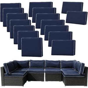 14Pieces Patio Cushion Covers Replacement,Outdoor Couch Cushions Covers Waterproof Furniture Cushion Covers Slipcovers Set with Zippers,Cover Only(Blue+White,25.625.63.94inches)