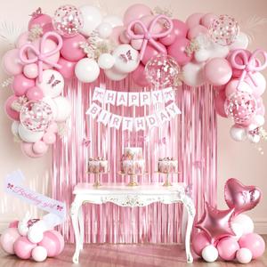 Pink Bow Birthday Party Decorations, Coquette Birthday Decorations with Bow Banner, Pearl White Light Metallic Pink Foil Balloons, Sash, Fringe Curtain, Cake Topper, Butterfly for Girls Princess Women