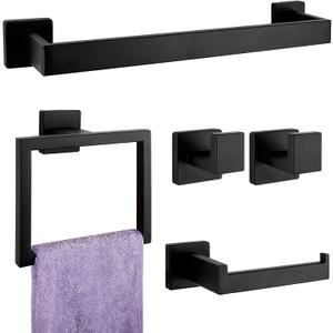 5-Pieces Matte Black Bathroom Hardware Accessories Set, SUS304 Stainless Steel Bath Towel Bar Set, Towel Racks for Bathroom Wall Mounted.