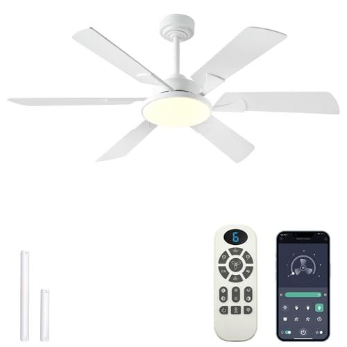 JSAITEE 52 Inch Low Profile Ceiling Fan with Lights, Remote & APP Control, 3CCT Dimmable, 6 Blades 6 Speed Ceiling Fans, Quiet Reversible DC Motor, Modern White Ceiling Fan for Bedroom Living Room