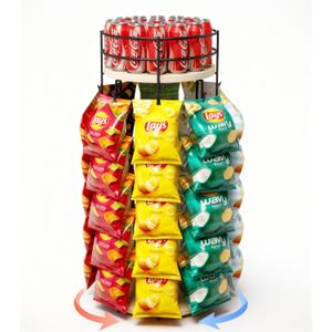 Liaakrr 360 Rotating Snack Display Stand with Secure Top Tier, Holds Drinks & Chips, 5-Tier 40-Clip Countertop Organizer for Party, Kitchen, Store-Beige