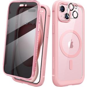 Diaclara Magnetic Designed for iPhone 15 Case, Full Body Rugged Case with Built-in Privacy Touch Sensitive Anti-Scratch Screen Protector, with Camera Lens Protector (Coral Pink)