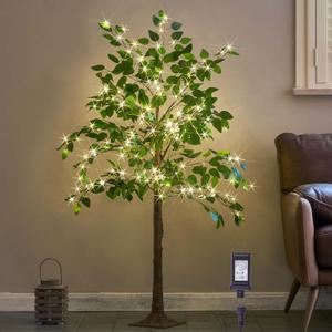 Hairui Artificial Ficus Silk Tree Lights 4FT 140LED Fairy Lights, Faux Plant Tree with Lights for Home Room Spring Summer Decoration Inside, 4FT Ficus Silk Tree