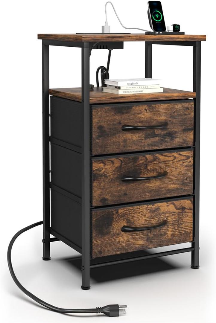 Night Stand with Charging Station, LED Nightstand with USB Ports and Outlets, Bedside Table with 3 Fabric Storage Drawers, Small Night Stands for Bedroom, Light Black (1 Piece)