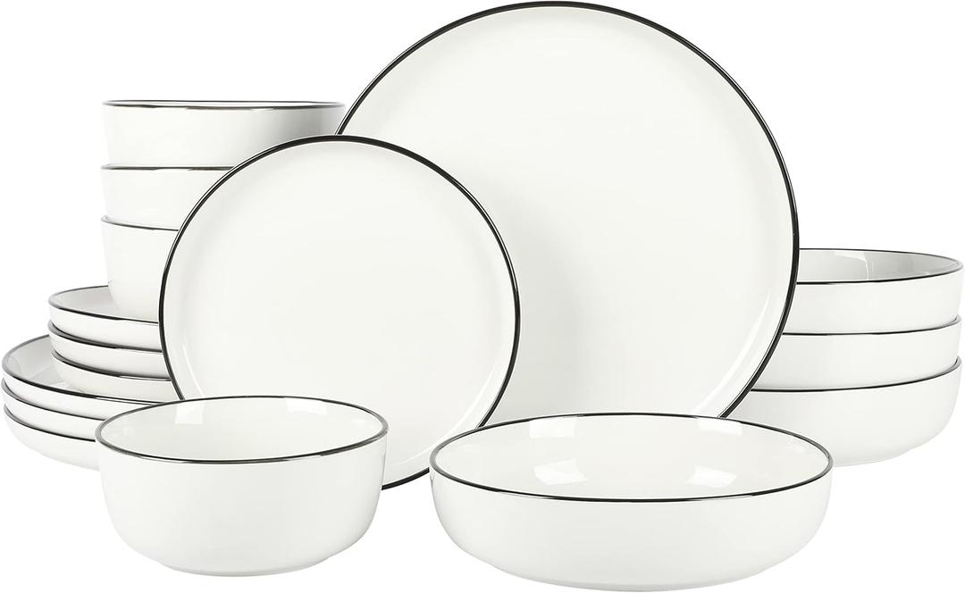 Gibson Home Oslo 16-Piece Porcelain Dinnerware Set, Service for 4  White Plates with Black Rim, Microwave & Dishwasher Safe