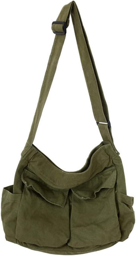 GAXOS Aesthetic Cute Messenger Bag for School Vintage Black Canvas Crossbody for Women Shoulder Laptop Bag (Green)