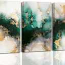 3 Piecs Emerald Green and Gold Canvas Wall Art Modern Abstract Glam Fluid Marble Painting Pictures Living room Wall Decor Posters Prints for Bedroom Bathroom Office Home Decoration