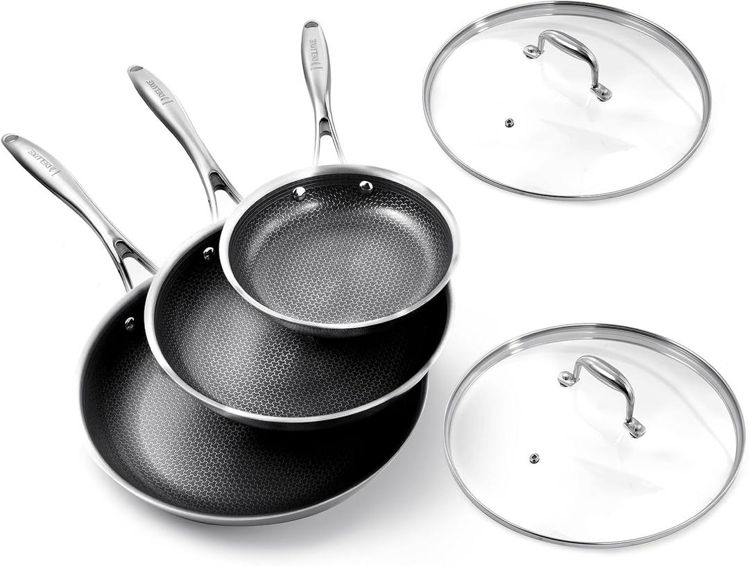 Deluxe 5pc Hybrid Nonstick Frying Pans Set with Lids, 8, 10 & 12" Pans | Ceramic Nonstick,Stay-Cool Handle, Dishwasher Oven Safe, for All Stovetops Induction for Home Daily Cooking (Black)
