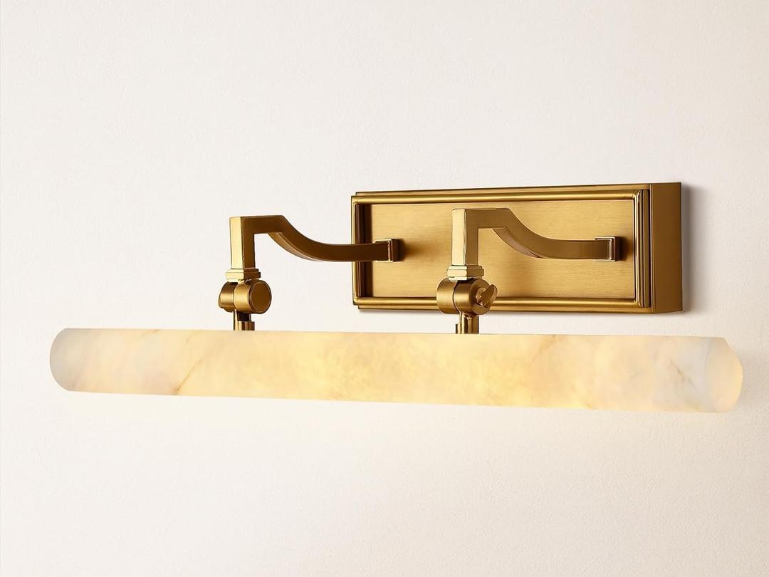 20in Alabaster Picture Light for Wall Art, Brushed Gold Art Display Light, Natural Marble Bathroom Vanity Lights, Modern Dimmable Brass Hardwired Picture Frame Light for Paintings, Poster, Library
