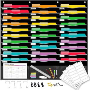 33 Pockets Hanging Wall File Organizer for Legal/Letter Size Paper, Over the Door Organizer, 47" x 45" Pocket Chart for Classroom, Office, Warehouse, Home Use with 36 Name Tags & 8 Hooks