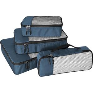 4-Piece Packing Cubes Travel Accessories Set for Suitcases - Luggage Organizer Bags with Double Zipper - Mesh Top - Small/Medium/Large/Slim - Dark Blue