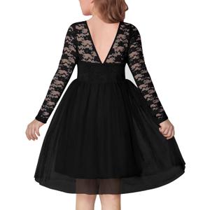 Arshiner Flower Girl Dress V Back Lace Long Sleeve Tulle Special Occasion Wedding Party Dresses (5-6 Years, Black)