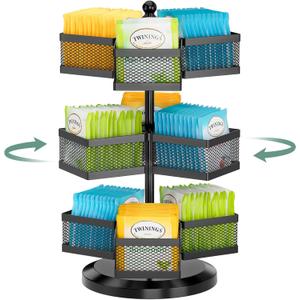 EsLuker.ly Tea Bag Organizer Rack for Countertop, Spinning Carousel 3-Tier Packet Storage Holder, Teabag Organizer Station with Easy Access, Space-Saving Tea Display Stand for Kitchen & Office, Black