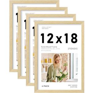 12x18 Picture Frame Set of 4, Natural Solid Wood Picture Frames, Display 12x18 Photos without Mat, Horizontal or Vertical Wall Mounting Poster Frame, Oak Wood Grain