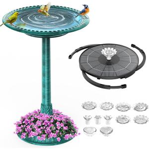 AISITIN 28 Inch Bird Bath with 3.5W Solar Fountain for Outside, Polyresin Pedestal Bird Baths for Outdoor Garden Courtyard Decoration, Weather-Resistant Birdbaths with 20" Bowl & 8 Nozzles, Green