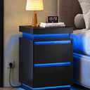 WLIVE Black Nightstand with Charging Station and LED Lights, Bedside Table with 2 Wooden Drawers and Sliding Top, Modern End Table Side Table for Bedroom, Living Room, Office